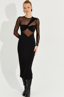 Женское черное асимметричное платье-миди с деталями из тюля YEL221394 Cool &amp; Sexy, черный