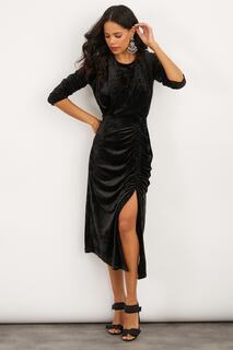 Женское черное бархатное платье миди с мягкими плечами и разрезом спереди BK231111 Cool &amp; Sexy, черный
