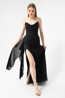 Женское черное блестящее вечернее платье с драпировкой и разрезом на груди Lafaba, черный