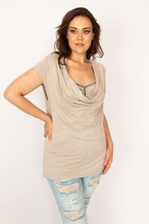 Женская норковая блузка больших размеров с низким воротником и камнями 65n33663 Şans, бежевый