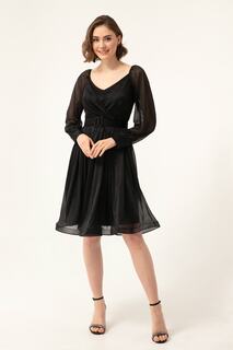 Женское черное блестящее вечернее платье миди с поясом Lafaba, черный