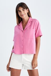 Муслиновая рубашка с коротким рукавом стандартного кроя с курточным воротником DeFacto, розовый