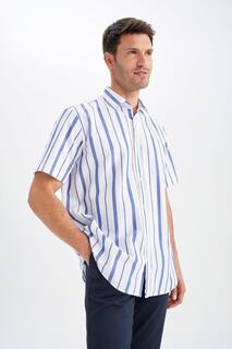 Хлопковая рубашка в полоску с короткими рукавами Relax Fit DeFacto, темно-синий