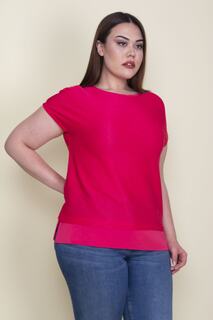 Женская однотонная блузка из крепа с короткими рукавами и полосками цвета фуксии больших размеров 65n26139 Şans, розовый