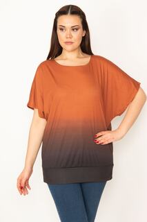Женская оранжевая блузка больших размеров с батиковым узором и низкими рукавами и полосками Şans, оранжевый