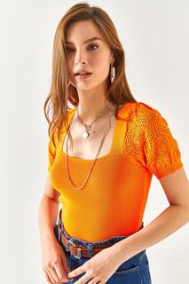 Женская оранжевая ажурная блузка из трикотажа в рубчик с короткими рукавами Olalook, оранжевый