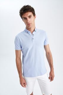 Хлопковая футболка с короткими рукавами и воротником-поло Slim Fit DeFacto, синий