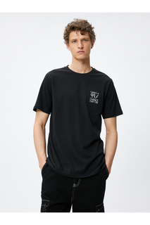 Хлопковая футболка с принтом с надписью Slim Fit с круглым вырезом Koton, черный