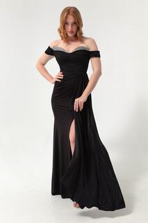 Женское черное длинное вечернее платье с каменным воротником и хвостом Lafaba, черный