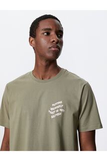 Хлопковая футболка с принтом с надписью Slim Fit с круглым вырезом Koton, хаки