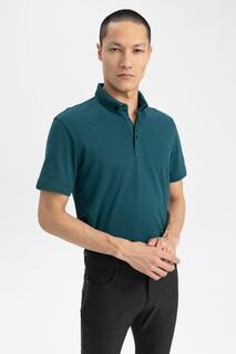 Хлопковая футболка с короткими рукавами и воротником-поло Slim Fit DeFacto, зеленый