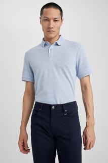 Хлопковая футболка с короткими рукавами и воротником-поло Slim Fit DeFacto, синий