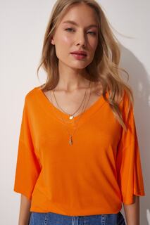 Женская оранжевая вискозная футболка с v-образным вырезом Happiness İstanbul, оранжевый
