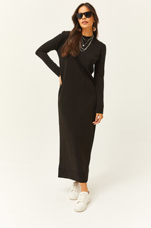 Женское черное длинное трикотажное платье с круглым вырезом Olalook, черный
