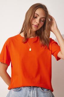 Женская оранжевая свободная трикотажная хлопковая футболка с круглым вырезом Happiness İstanbul, оранжевый