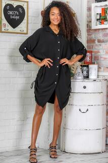 Женское черное итальянское платье-рубашка со сборками по бокам и регулируемыми рукавами Chiccy, черный
