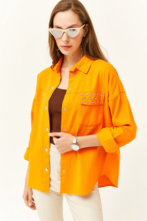 Женская оранжевая куртка из хлопкового габардина с карманами и камнями Olalook, оранжевый