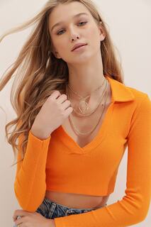 Женская оранжевая укороченная блузка с воротником поло и мягкой текстурой ALC-X7322 Trend Alaçatı Stili, оранжевый