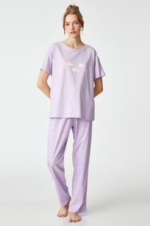 Хлопковый пижамный комплект удобного кроя с короткими рукавами и рисунком Koton, фиолетовый