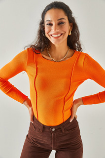 Женская оранжевая укороченная блузка из лайкры с декоративной строчкой Olalook, оранжевый