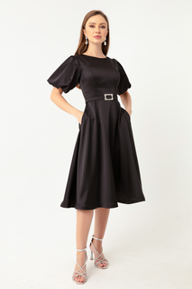 Женское черное мини-атласное вечернее платье с рукавами-воздушными шарами и каменным поясом Lafaba, черный