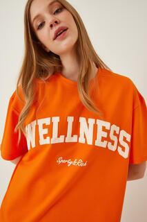 Женская оранжевая футболка оверсайз с принтом Happiness İstanbul, оранжевый