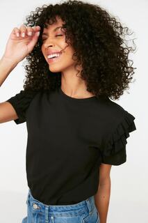 Черная базовая трикотажная футболка с оборками и круглым вырезом Trendyol, черный