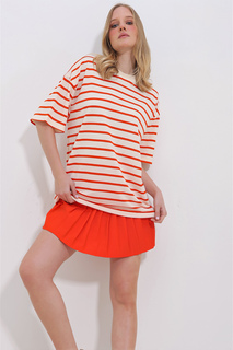 Женская оранжевая футболка унисекс с круглым вырезом в рубчатую полоску из двух ниток ALC-X11418 Trend Alaçatı Stili, оранжевый