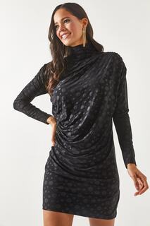Женское черное мини-платье песочного цвета в горошек с высоким воротником и оборками Olalook, черный