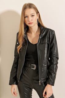 Женское черное пальто из искусственной кожи с воротником стойкой Bigdart, черный