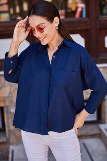 Женская повседневная льняная рубашка темно-синего цвета с карманами armonika, темно-синий