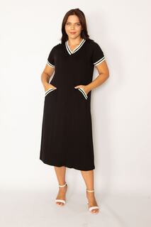 Женское черное платье большого размера в рубчик с V-образным вырезом и карманами Şans, черный