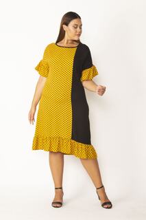 Женское черное платье большого размера с воланами и рукавами в горошек 65n28135 Şans, желтый