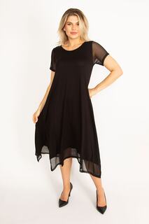 Женское черное платье большого размера с тюлевыми деталями на рукавах, подоле и разрезами по бокам 65n34511 Şans, черный