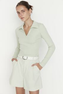 Мятная укороченная трикотажная блузка с воротником-поло Trendyol, зеленый
