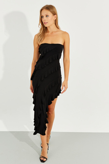 Женское черное платье миди без бретелек с глубоким разрезом и оборками YEL221297 Cool &amp; Sexy, черный
