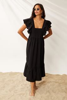 Женское черное платье макси с квадратным воротником и рюшами на рукавах SF2125 Cool &amp; Sexy, черный