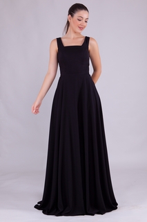 Женское черное платье макси-длины из ткани атлас с квадратным воротником и толстыми ремешками 413 lovebox, черный