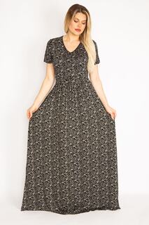 Женское черное платье макси-длины со сборками на талии большого размера 65n35234 Şans, черный