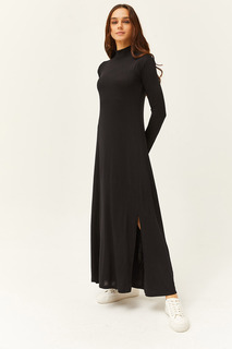Женское черное платье миди из лайкры и вискозы с разрезом в полрыбака Olalook, черный