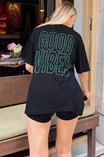 Черная женская футболка оверсайз с принтом на спине Good Vibes Swist, черный