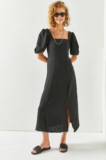 Женское черное платье миди с квадратным воротником и разрезом Olalook, черный