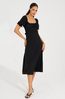 Женское черное платье миди со сборками спереди и квадратным воротником YEL77 Cool &amp; Sexy, черный