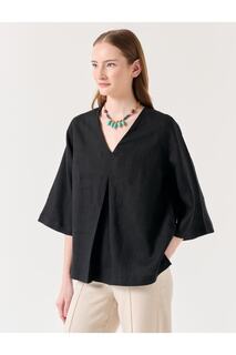 Черная льняная блузка с V-образным вырезом и рукавами три четверти Jimmy Key, черный