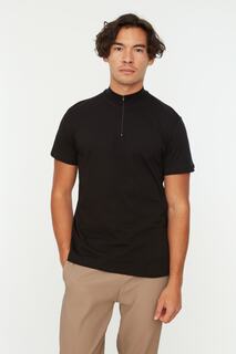 Черная мужская футболка с тонким воротником на молнии из 100% хлопка Trendyol, черный