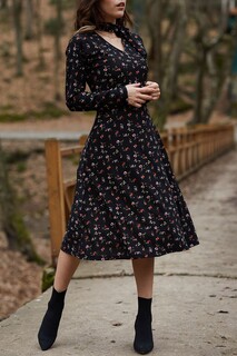 Женское черное платье с цветочным узором и воротником-стойкой XHAN, черный