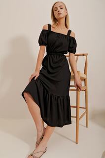 Женское черное платье средней длины с запахом и воротником Madonna на бретелях Trend Alaçatı Stili, черный