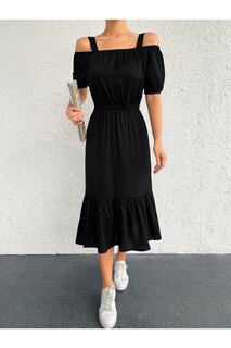 Женское черное платье с эластичным ремнем на талии armonika, черный