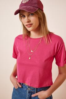 Женская розовая укороченная трикотажная футболка Happiness İstanbul, розовый