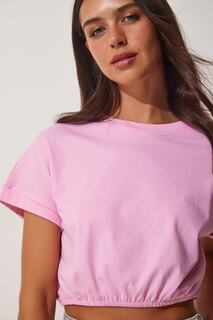 Женская розовая укороченная футболка с эластичной резинкой на талии Happiness İstanbul, розовый